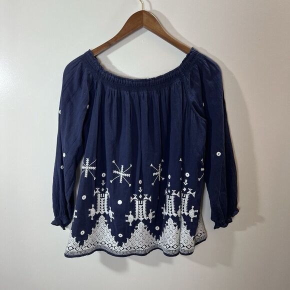 Joie Anthropologie Womens Peasant Blouse Size M Navy Blue White Embroidery Boho - Picture 2 of 6